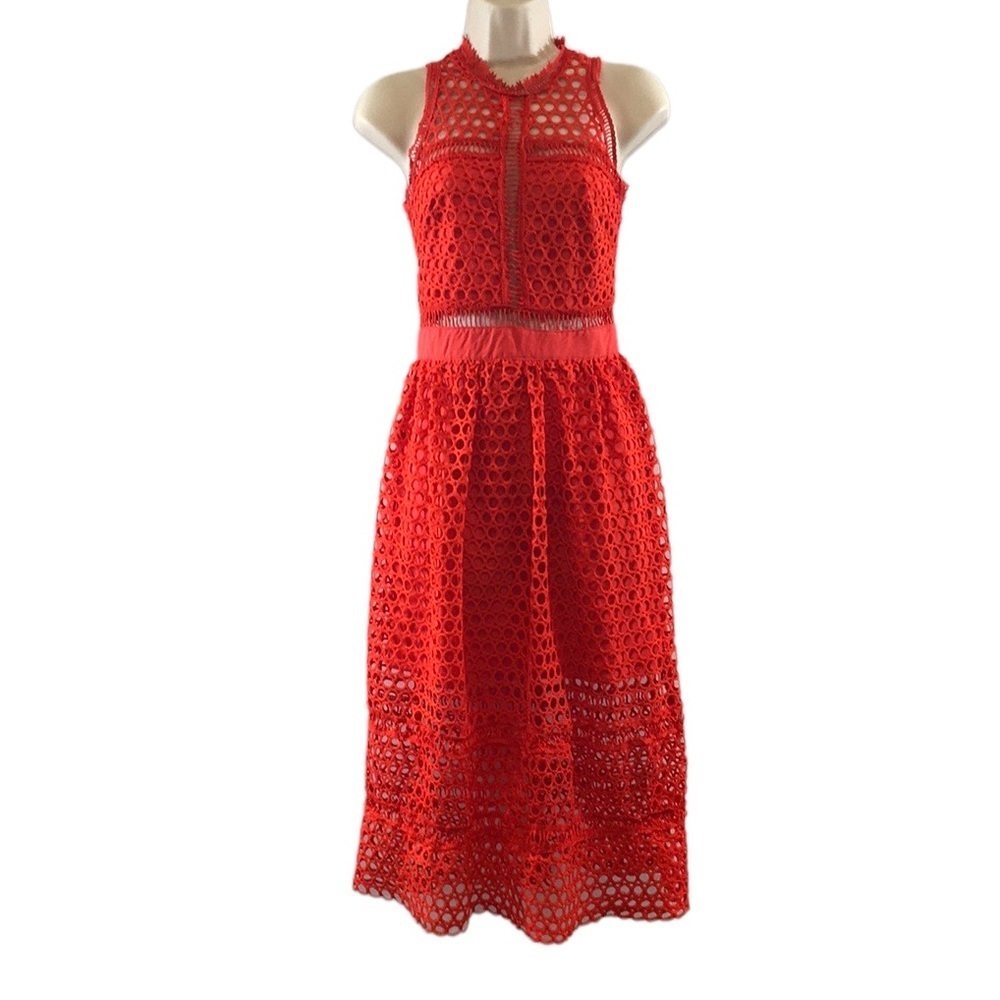 White Closet Tomato Red Crochet Lace Midi Sheath Dress Womens 6 Sleeveless